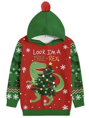 Ugly Christmas X-Mas T-Rex Hooded Kids Sweater Size 5T/5 Red Green Dino Holiday